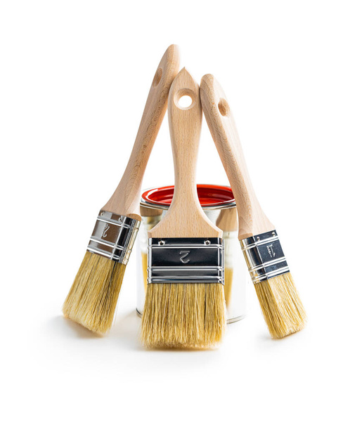 Clean paint brushes and can of color isolated on white background. - Fotoğraf, Görsel