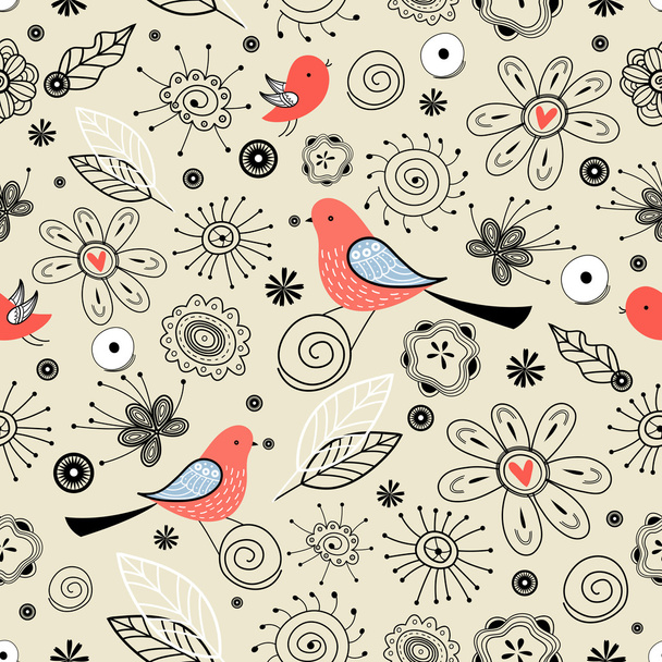 Flower texture with birds - Διάνυσμα, εικόνα