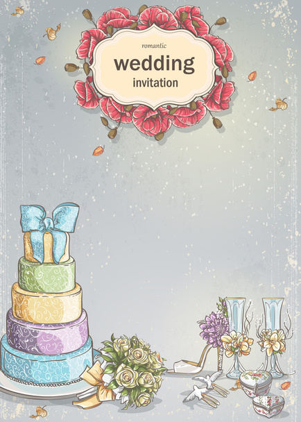 Wedding invitation with a picture of wedding items, cake, wine glasses, a bouquet of roses, doves. - Vetor, Imagem
