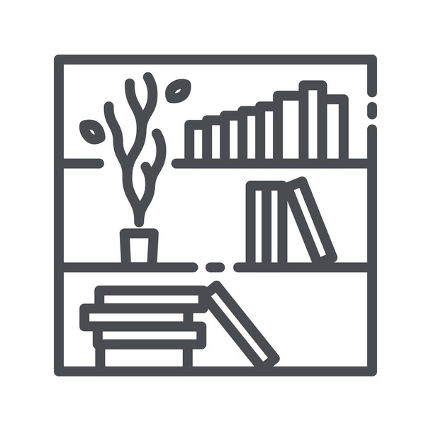 Ícone de linha vetorial de uma prateleira de livro com livros e uma vista frontal de planta isolada em fundo transparente. - Vetor, Imagem