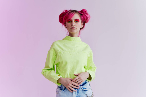 hipster woman green jacket fashionable clothes lifestyle fun design - Zdjęcie, obraz