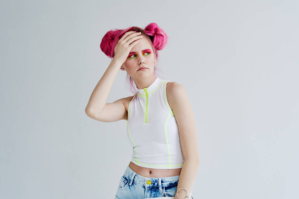 cheerful woman pink hair posing fashion clothes studio model - Photo, Image