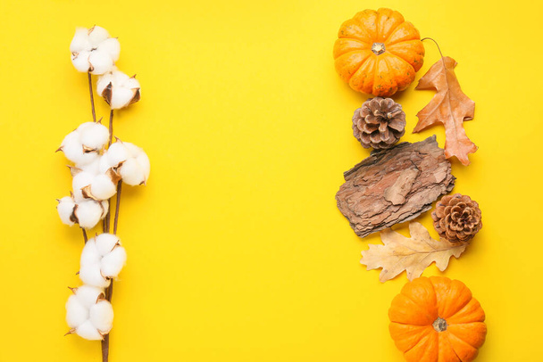 黄色の背景に綿の花やカボチャと秋の組成物 - 写真・画像