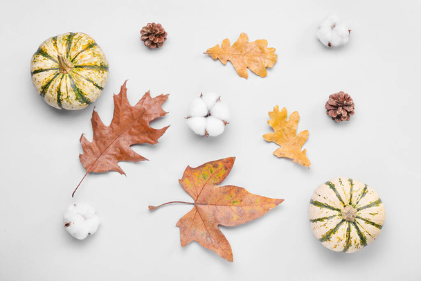 Composición otoñal con flores de algodón y calabazas sobre fondo claro - Foto, Imagen