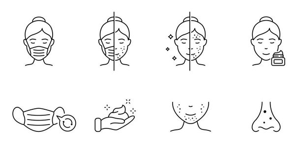 顔のにきびラインアイコン。マスキン、ピンプル、ブラックヘッドリニアピクトグラムの女性。皮膚の顔のトラブルや顔の衛生。概要アイコン。編集可能なストローク。絶縁ベクトルイラスト - ベクター画像