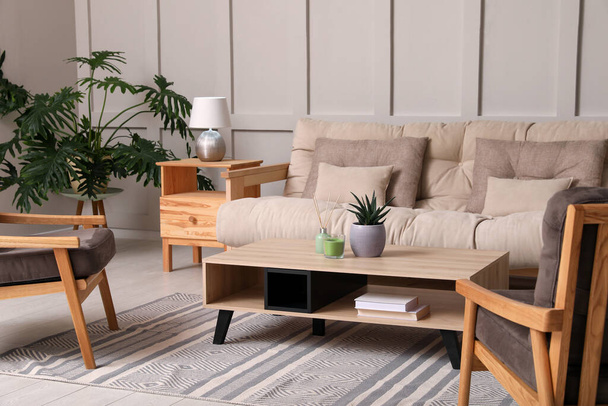 Stílusos belső tér kényelmes kanapéval, fotelekkel és gyönyörű növényekkel - Fotó, kép