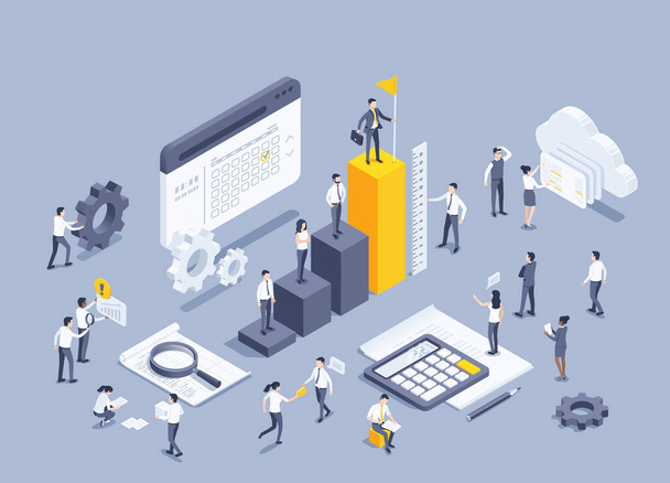 isometric vector illustration on a gray background, a man in a business suit with a flag stands on the highest column of the chart and other people working in team on work tasks, achieve result - Vektor, Bild