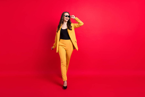 Full length body size view of attractive chic cheerful lady walking touching specs isolated over vibrant red color background - Фото, зображення
