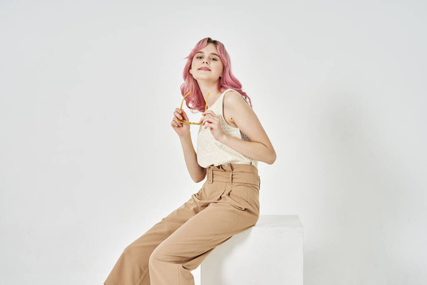 cheerful woman with pink hair fashion posing light background - Photo, image