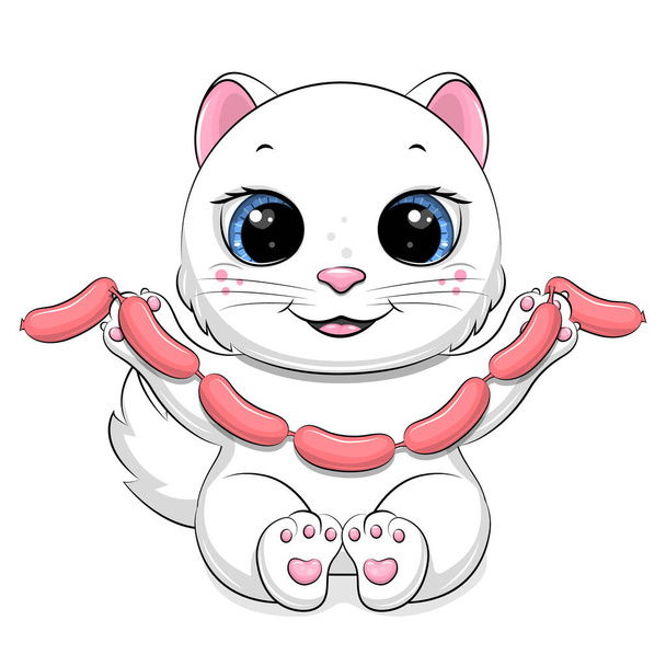 Lindo gato blanco de dibujos animados tiene muchas salchichas. Ilustración vectorial del animal sobre fondo blanco. - Vector, imagen