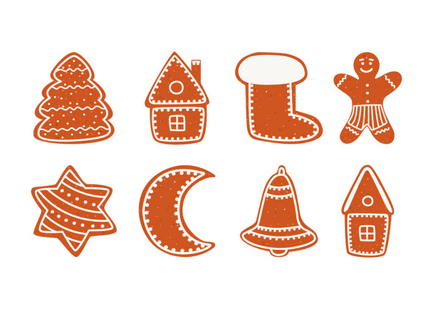 A flat vector cartoon set of Christmas gingerbread cookies of different shapes. Ginger cookies in the shape of a man, a house, a Christmas tree, a bell, a month, a star, a sock. - Vector, imagen