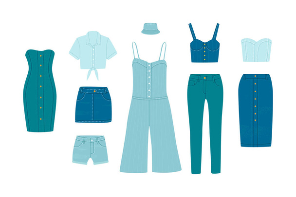 Vector συλλογή κινουμένων σχεδίων από κομψά γυναικεία casual denim ρούχα. Φόρεμα, φόρμες, τζιν, μπλούζες, φούστες, σορτς, καπέλο Παναμά. Μοντέρνα μοντέρνα ρούχα στοιχεία σε λευκό φόντο. - Διάνυσμα, εικόνα