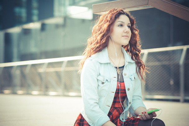 young beautiful hipster woman with red curly hair - Photo, Image