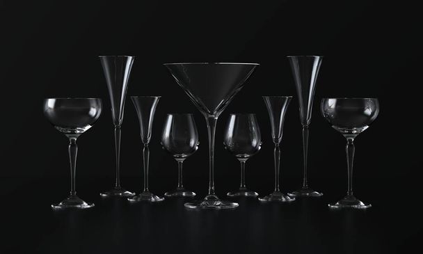 Un montón de copas de vino de diferentes formas. Fondo oscuro. renderizado 3d - Foto, Imagen