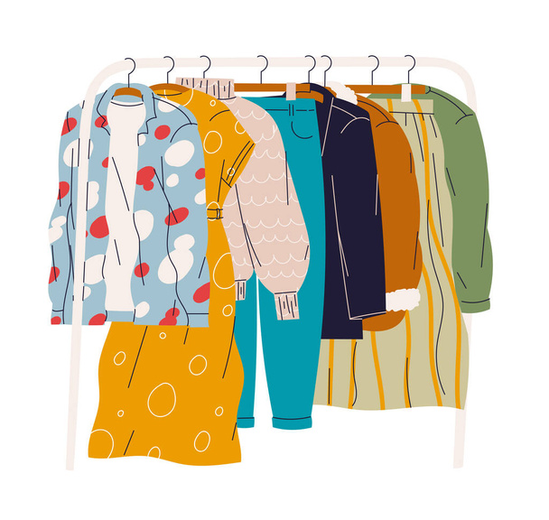 Clothes hanging on a hanger in the checkroom or store. - Vector, Image