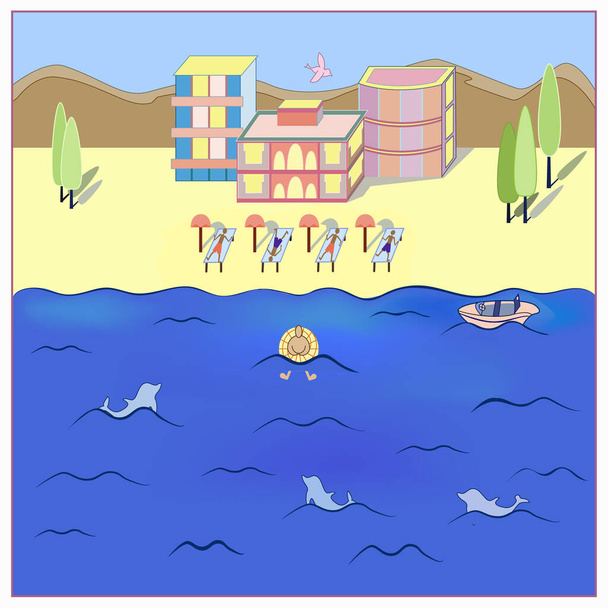 Cartão de saudação com pessoas em férias. Com vista para o mar, os golfinhos e a praia. - Vetor, Imagem