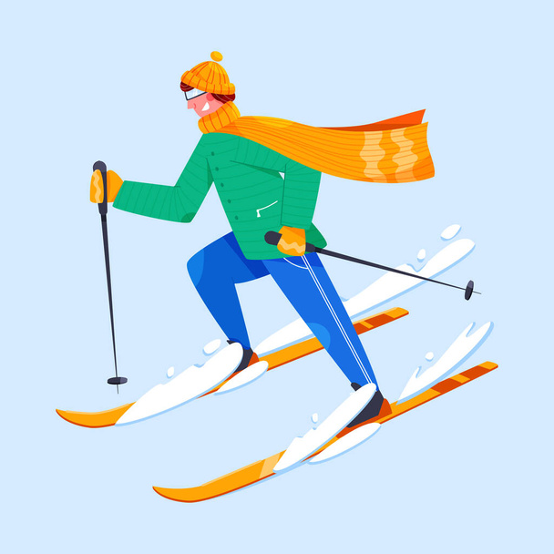 Happy man in warm clothes skiing vector flat illustration. Young sportsman riding downhill. Winter sport, hobby, activity outdoors. - ベクター画像