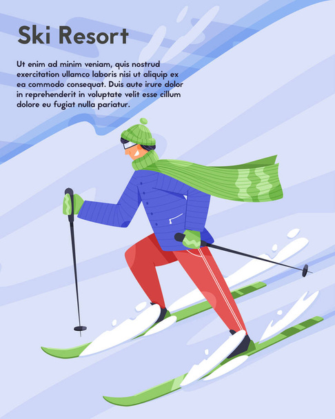 Sky resort vector flat banner template. Happy man in warm clothes skiing. Young sportsman riding downhill. Winter sport, hobby, activity outdoors, snowy landscape. - ベクター画像