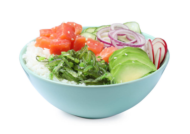 Delicious poke bowl with salmon, seaweed and avocado isolated on white - Φωτογραφία, εικόνα
