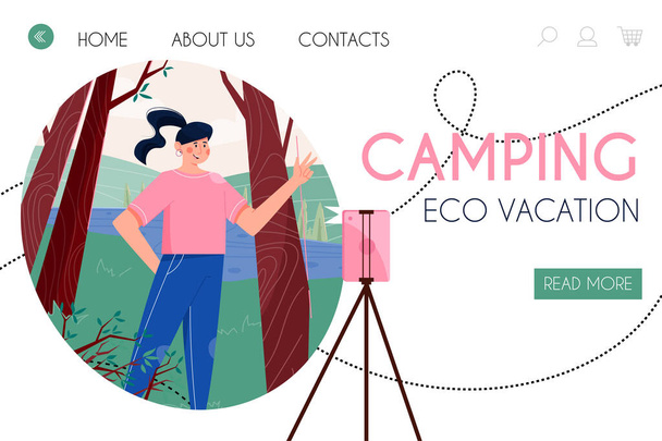 Camping, πρότυπο οικολογικής σελίδας προορισμού διακοπών. Γυναίκα παίρνει φωτογραφίες ή να κάνουν βίντεο blog στο δάσος διάνυσμα επίπεδη απεικόνιση κινουμένων σχεδίων. Κορίτσι γυρίσματα φωτογραφίες και βίντεο για τα μέσα κοινωνικής δικτύωσης. - Διάνυσμα, εικόνα