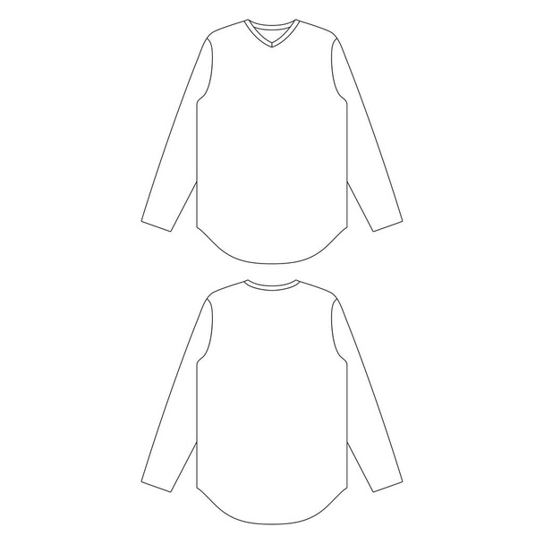 Modelo curvo bainha v-neck manga longa t-shirt vetor ilustração esboço de design de esboço plano - Vetor, Imagem