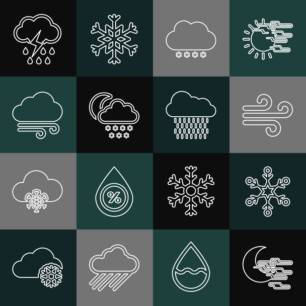 Set line Nebel und Mond, Schneeflocke, Wind, Wolke mit Schnee, Windiges Wetter, Regenblitz und Symbol. Vektor - Vektor, Bild
