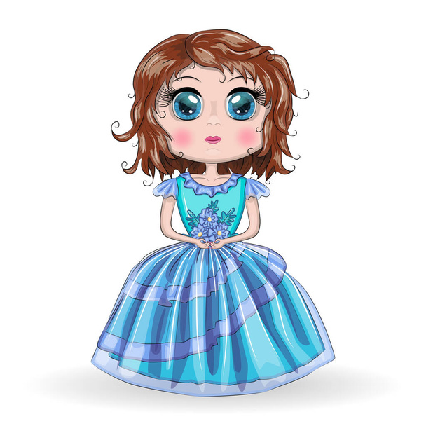 Beautiful girl standing in beautiful long blue dress. Cute Cartoon Little Princess in a blue dress - Vector, imagen