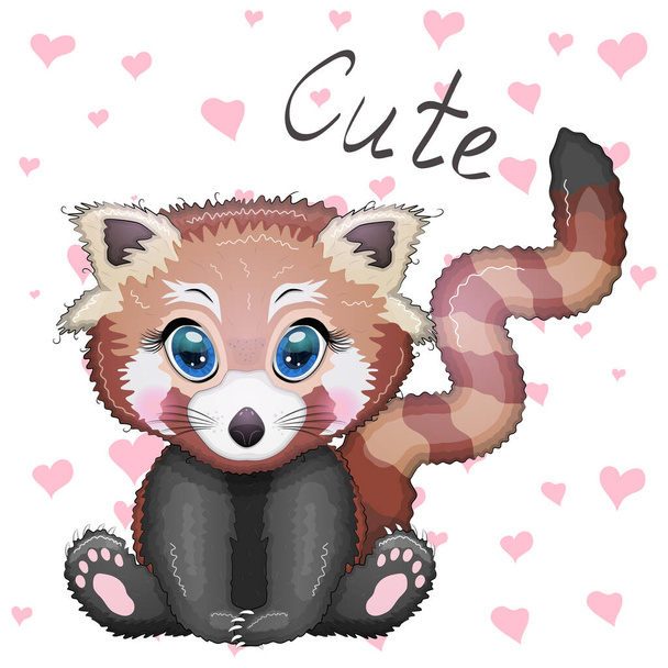 Red panda, cute character with beautiful eyes, bright childish style. Rare animals, red book, cat, bear. - Вектор,изображение
