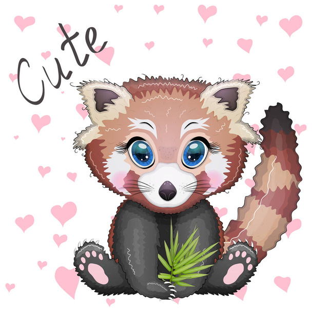 Red panda, cute character with bamboo leaves, greeting card, bright childish style. Rare animals, red book, cat, bear - Vektori, kuva