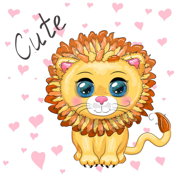 Kreslený lev s výraznýma očima. Wild animals, character, childish cute style. - Vektor, obrázek