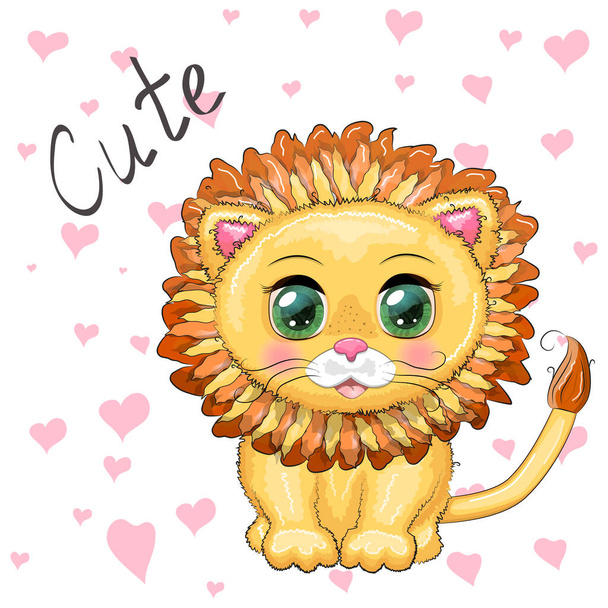 Cartoon lion with expressive eyes. Wild animals, character, childish cute style. - Vector, Image