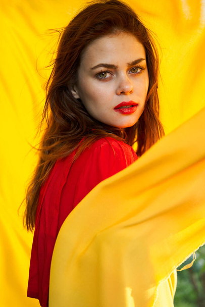 pretty woman in red dress nature yellow cloth on background - Foto, afbeelding