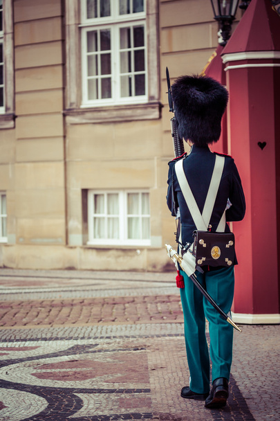 Kopenhagen, Denemarken-september 8:royal bewaker bewaking amalienborg kasteel op 8 september 2014 in Kopenhagen, Denemarken. de royal bewakers is een regiment van het Deense leger, in 1658 opgericht door koning frederi - Foto, afbeelding