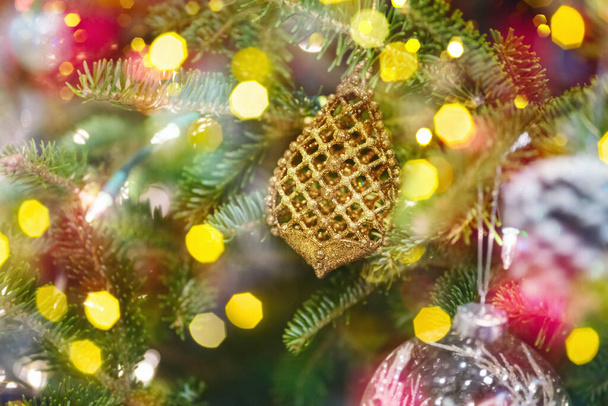 Christmas tree ornament festive background with bokeh lights - Φωτογραφία, εικόνα