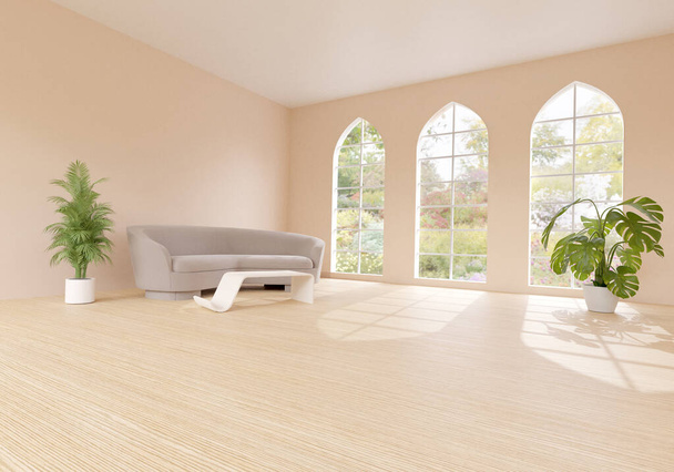 Modern minimalist tasarımı olan parlak bir oda. Yaz manzarasına bakan kemerli üç büyük pencere. 3d illüstrasyon - Fotoğraf, Görsel
