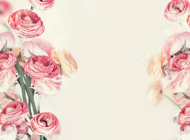 Beautiful pastel flowers frame at light background. Romantic, beauty or wedding layout. Feminine holidays template. Copy space - Φωτογραφία, εικόνα