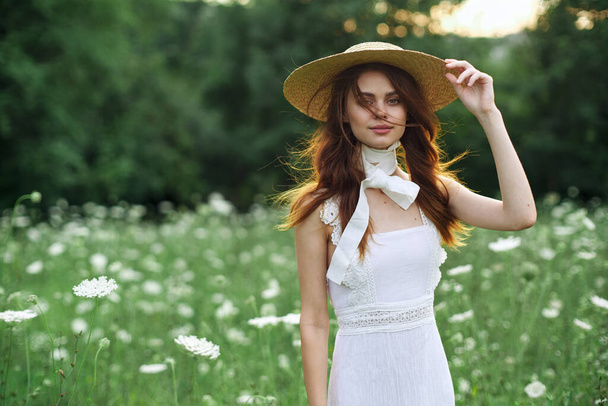 pretty woman in white dress vintage nature posing fashion - 写真・画像