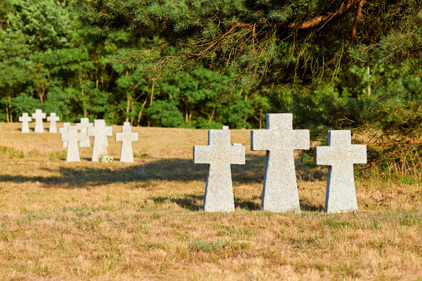 Catholic granite stone crosses in German military cemetery in Europe. Memorial for dead soldiers of World War II in Baltiysk, Kaliningrad oblast, Russia - Фото, зображення