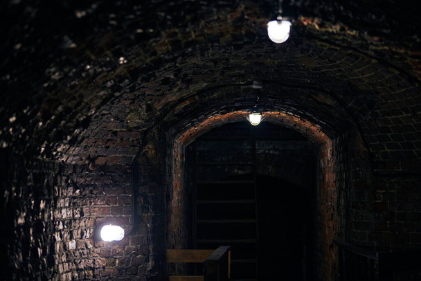 Old brick loft wall in secret military basement. Old wine vault, passageway of mansion. Ancient vintage German fort with dim lighting and brick walls, Kaliningrad - Photo, Image