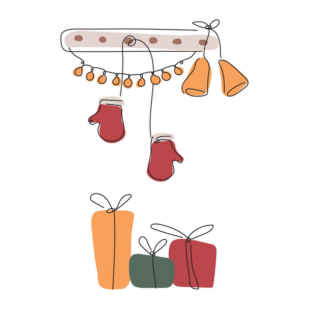 Boldog Karácsonyt rajzfilm tartó csengő, kesztyű és ajándékdoboz. A koncepció vektor iIllusztráció boldog téli időt egy vonal stílusban - Vektor, kép