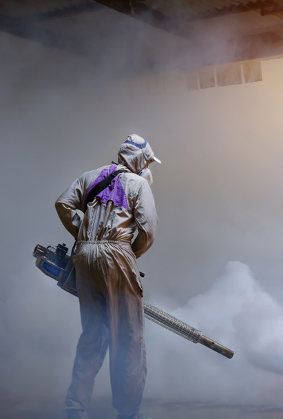 Вид спереду працівника охорони здоров'я з використанням туманної машини для розпилення хімічних речовин для усунення комарів всередині сховища в районі нетрів
 - Фото, зображення