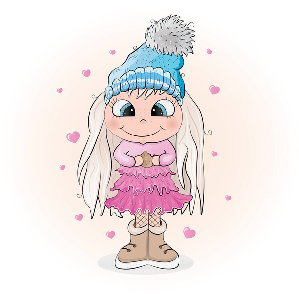 Petite fille mignonne avec chapeau d'hiver tenant un personnage d'illustration vectorielle cookie - Vecteur, image