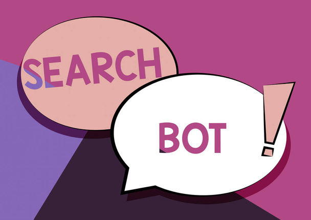 Текст почерку Search Bot. Бізнес-підхід Програма, яка запускає автоматизовані завдання через Інтернет або мережу Два барвистих перекриття Speech Bubble Drawing With Exclation Mark. - Фото, зображення