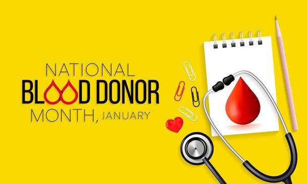 Εθνικός μήνας αιμοδοσίας (NBDM) παρατηρείται κάθε χρόνο τον Ιανουάριο, για να γιορτάσει τη σωτήρια επίδραση του αίματος και αιμοπεταλίων δοτών. Εικονογράφηση διανύσματος - Διάνυσμα, εικόνα