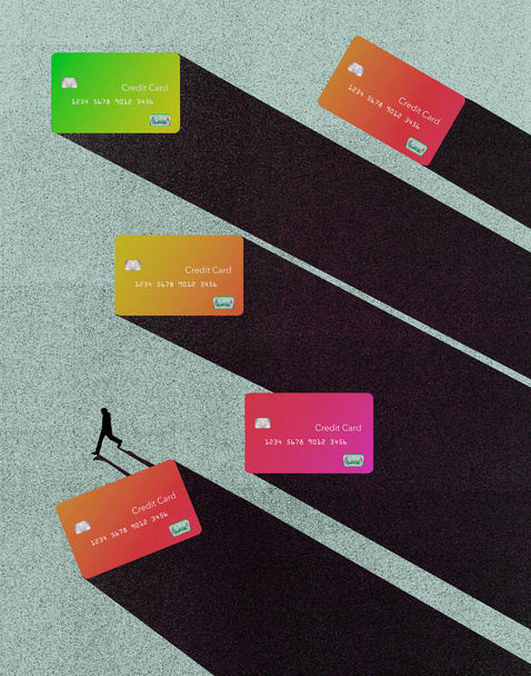 Les cartes de crédit, grandes, sont vues de dessus pendant qu'un piéton passe dans une illustration en 3D. - Photo, image