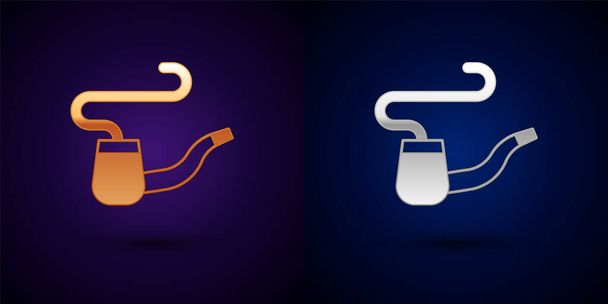Gold and silver Smoking pipe with smoke icon isolated on black background. Tobacco pipe. Vector - Vector, Image