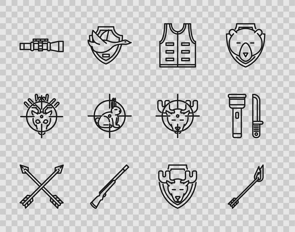 Set line Crossed arrows, Flame, Hunting jacket, gun, Sniper optical sight, on rabbit with crosshairs, Moose head shield and Flashlight and knife icon. Vector - Vector, Image