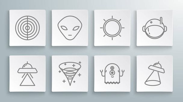 Set line UFO flying spaceship, Alien, Black hole, Sun, Astronaut helmet and Earth structure icon. Vector - Vector, Image