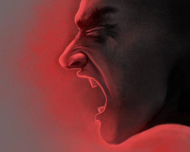 Illustration von Wut und Aggression. der Mann, der auf rotem Hintergrund schreit - Foto, Bild