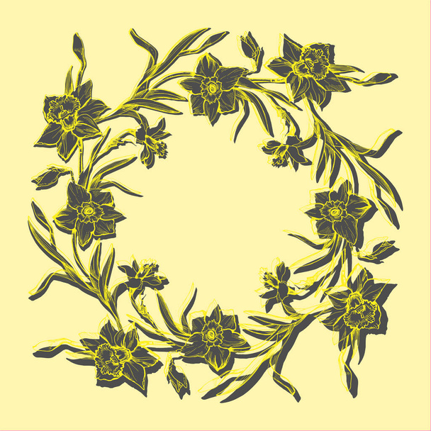 Floral vector wreath with elegant hand drawn flowers narcissus - Vektori, kuva